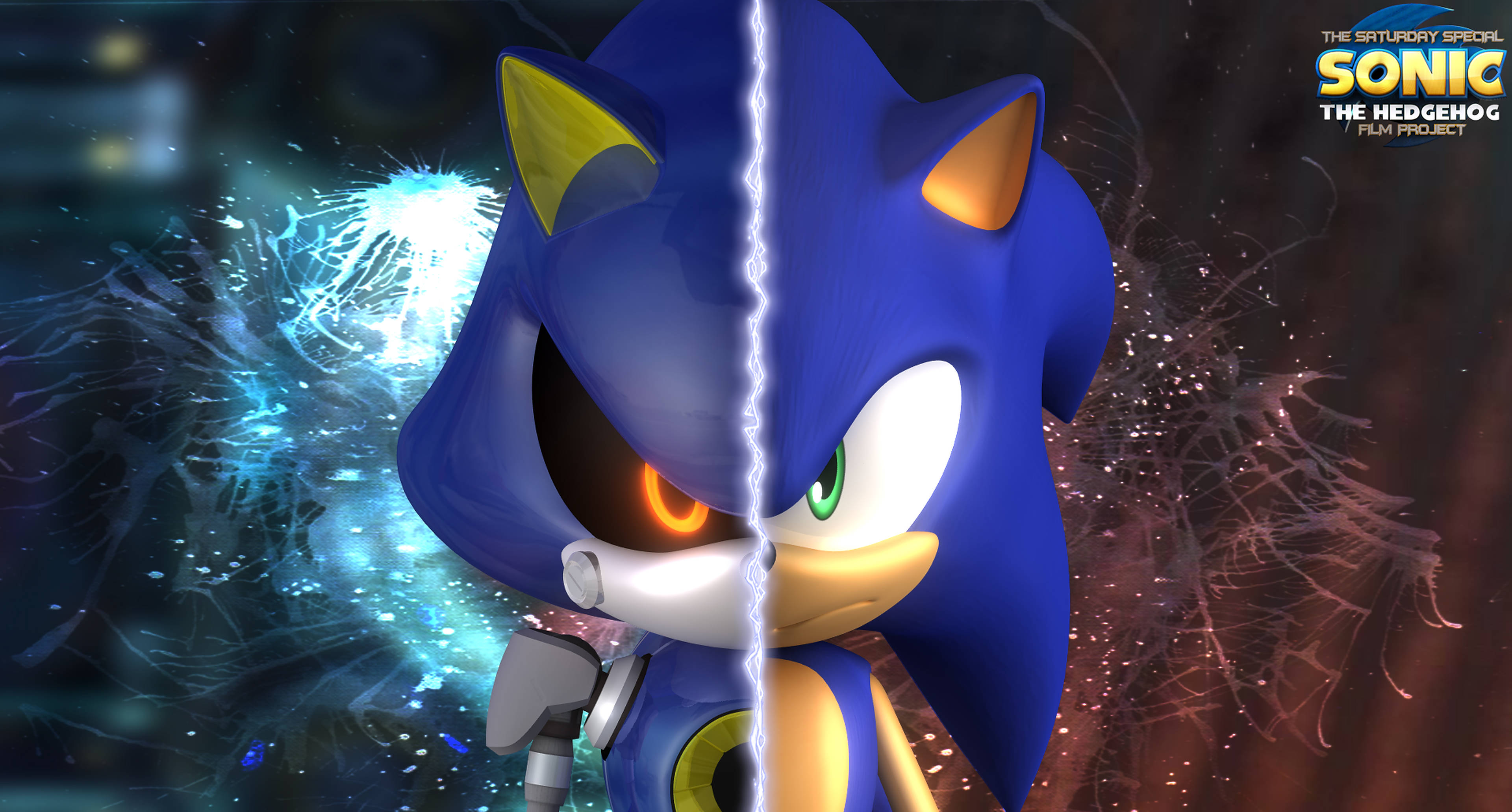 metal 桌布 壁紙 — Sonic the Hedgehog 從中間分裂，一側發出橙色光芒，另一側發出綠色光芒，背景為宇宙。