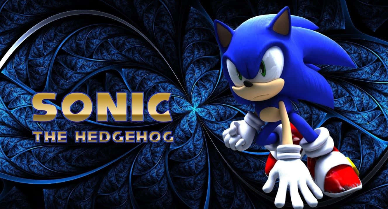 Sonic The Hedgehog Characters 桌布 壁紙 — Sonic the Hedgehog 自信地站在旋轉的深藍色分形背景前，帶有金色標題文字。