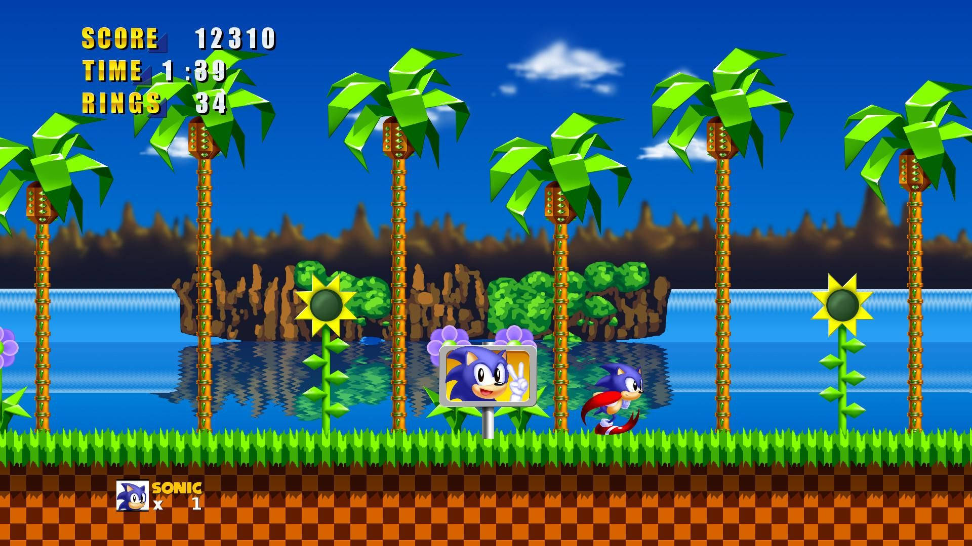 電玩遊戲 桌布 壁紙 — Sonic the Hedgehog 在明亮的藍天和遊戲HUD元素下跑過棕櫚樹和向日葵。
