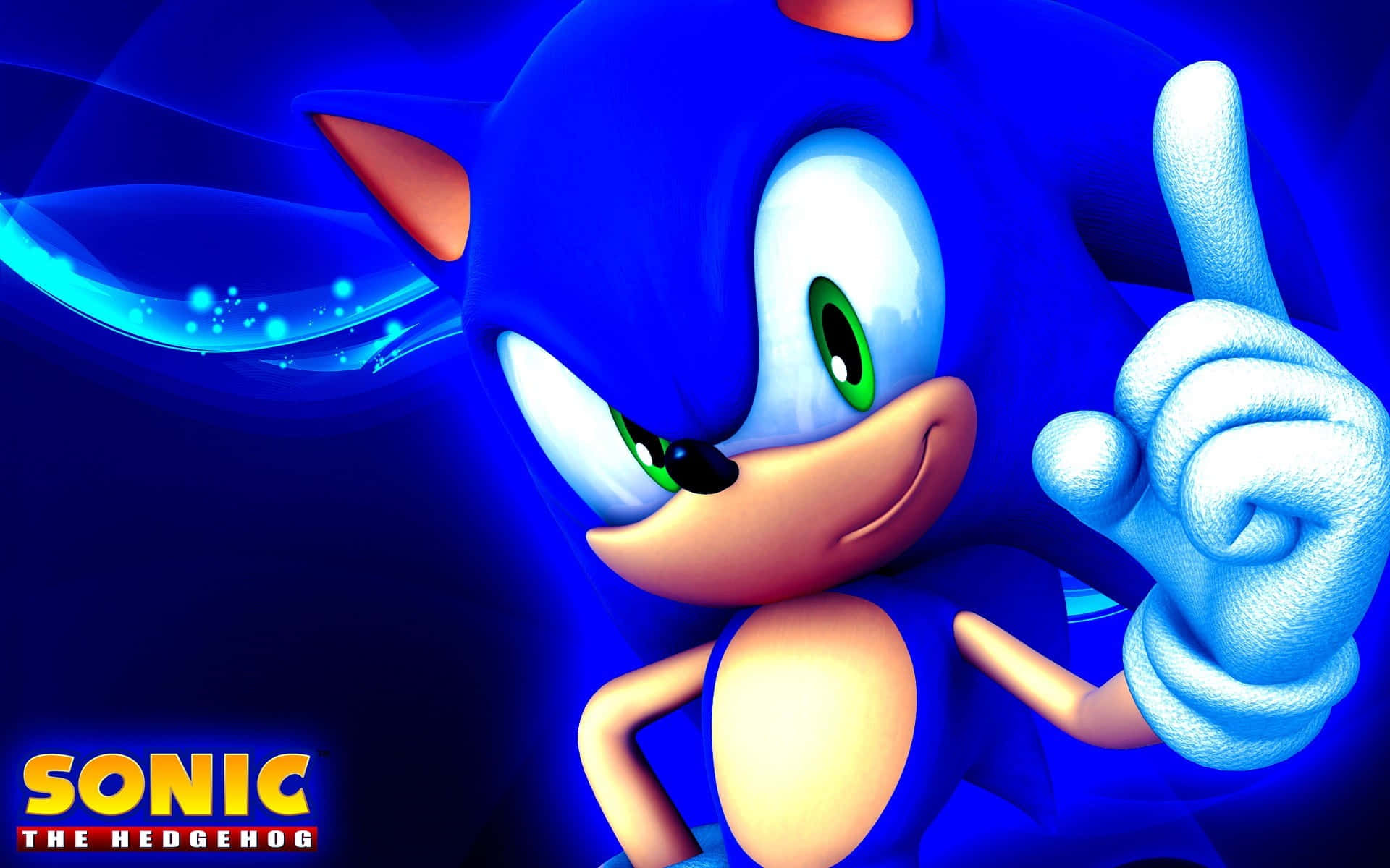 Sonic Fan Art 桌布 壁紙 — 鮮藍色的音速小子自信地擺出姿勢，一根手指舉起，背景是發光的抽象圖案。