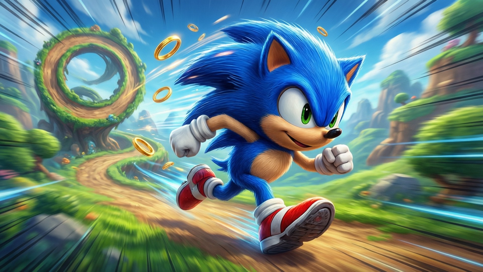 Sonic Green Hill 壁紙 — Sonic the Hedgehog 向前衝刺，金色光環在他周圍漂浮，穿過充滿活力的綠色景觀。