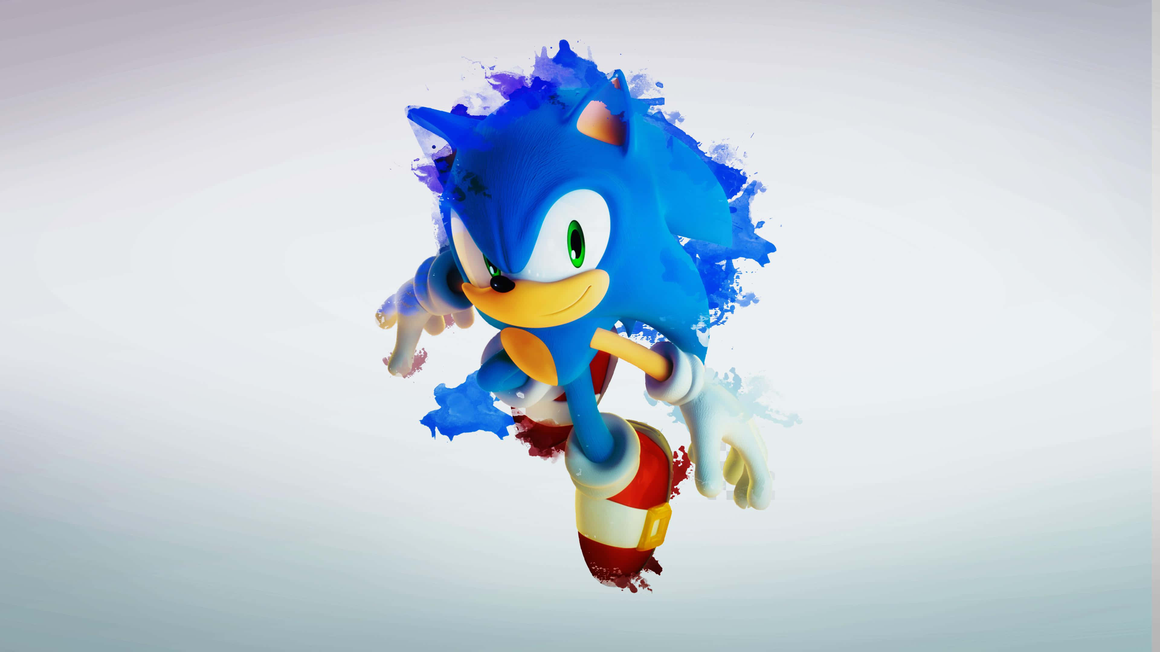 Sonic Art 桌布 壁紙 — Sonic the Hedgehog 向前衝刺，藍色油漆飛濺跟隨他的身體，背景為柔和漸變色。