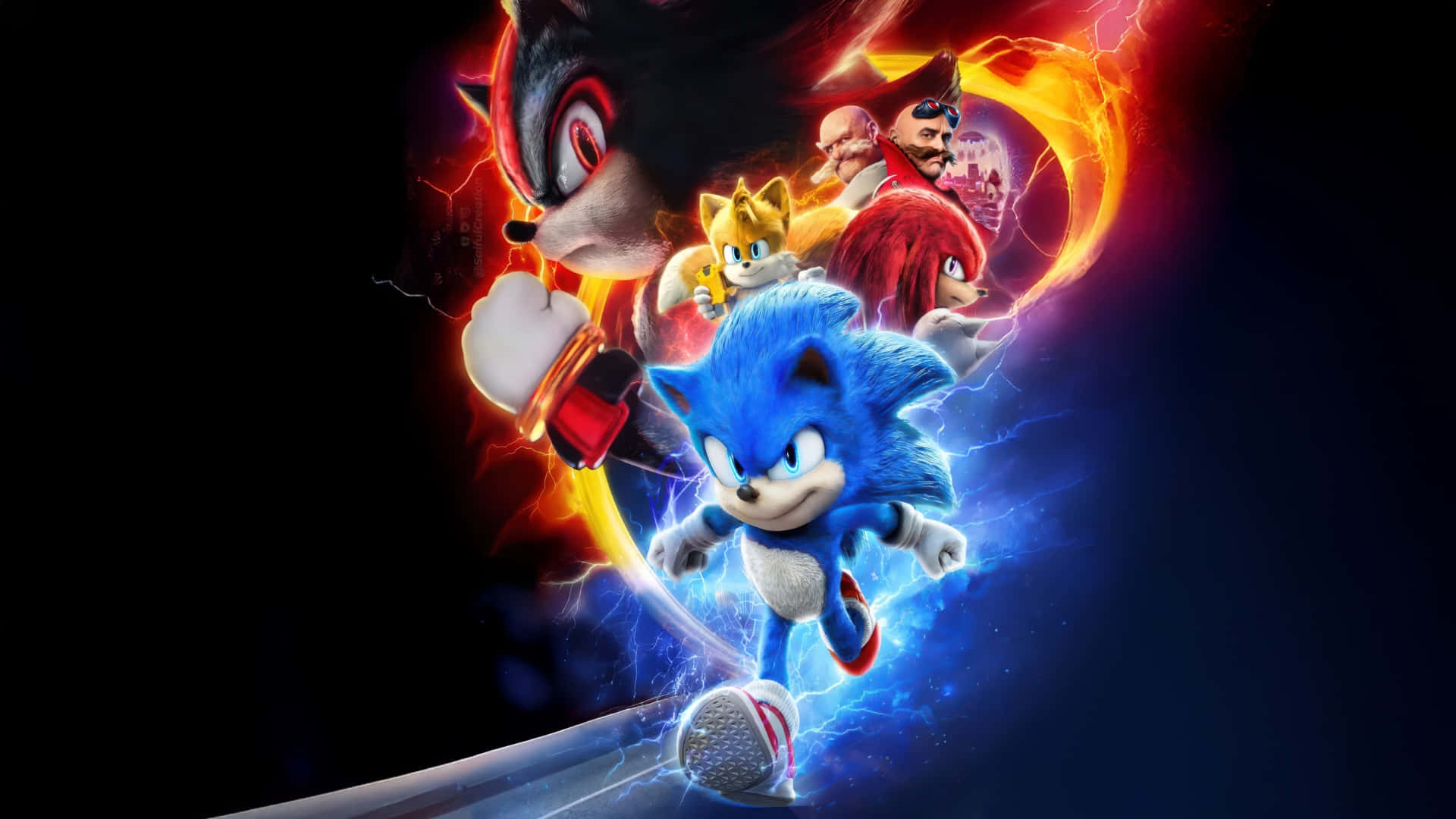  壁紙 — Sonic the Hedgehog 以電光藍色能量向前衝刺，被盟友和敵人包圍，背景是熾熱的黑暗。