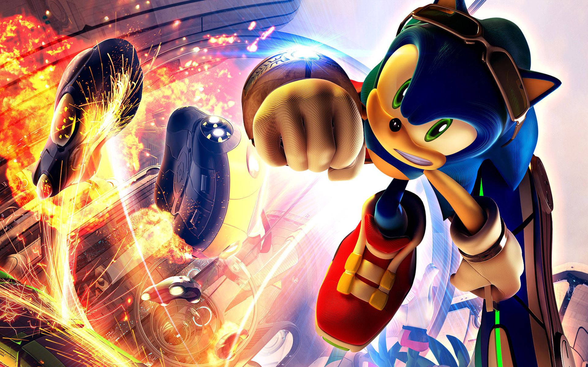 索尼克 桌布 壁紙 — Sonic the Hedgehog 以動感動作姿勢，伴隨熾熱爆炸和未來車輛，呈現高能量賽車場景。