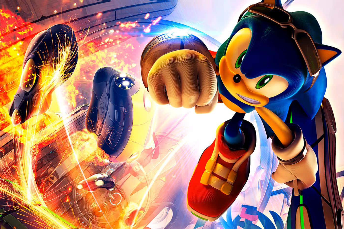  壁紙 — Sonic the Hedgehog 以動感姿勢展現，拳頭發光，身後有熾熱爆炸。