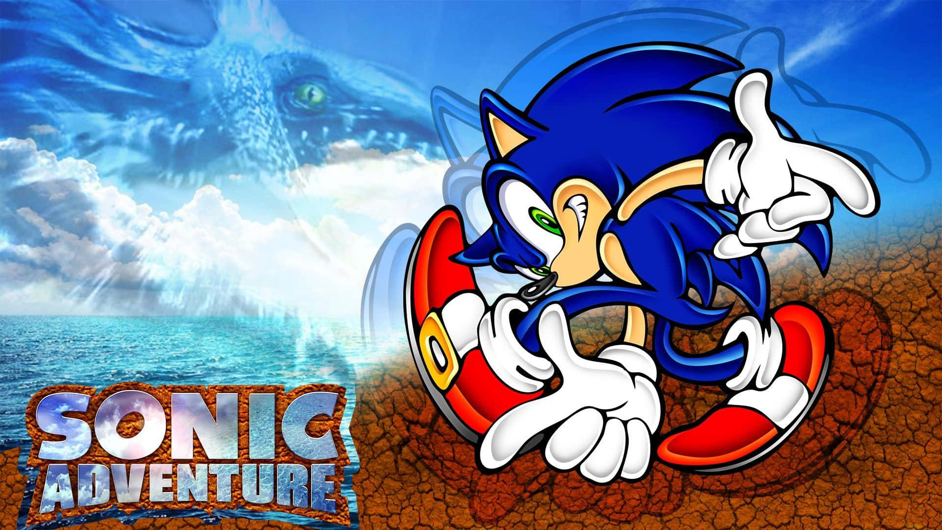 Sonic Logo 桌布 壁紙 — Sonic the Hedgehog 以動感姿態，背景為海洋、天空和一條逼近的龍。