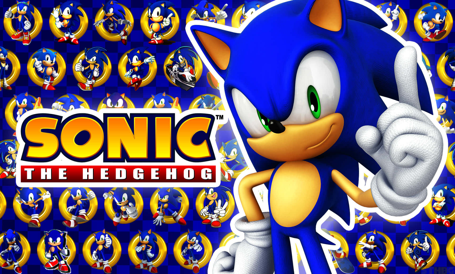 Sonic The Hedgehog 桌布 壁紙 — Sonic the Hedgehog 以鮮豔的藍色和黃色姿勢，襯托著他標誌性的戒指主題背景的重複圖案。