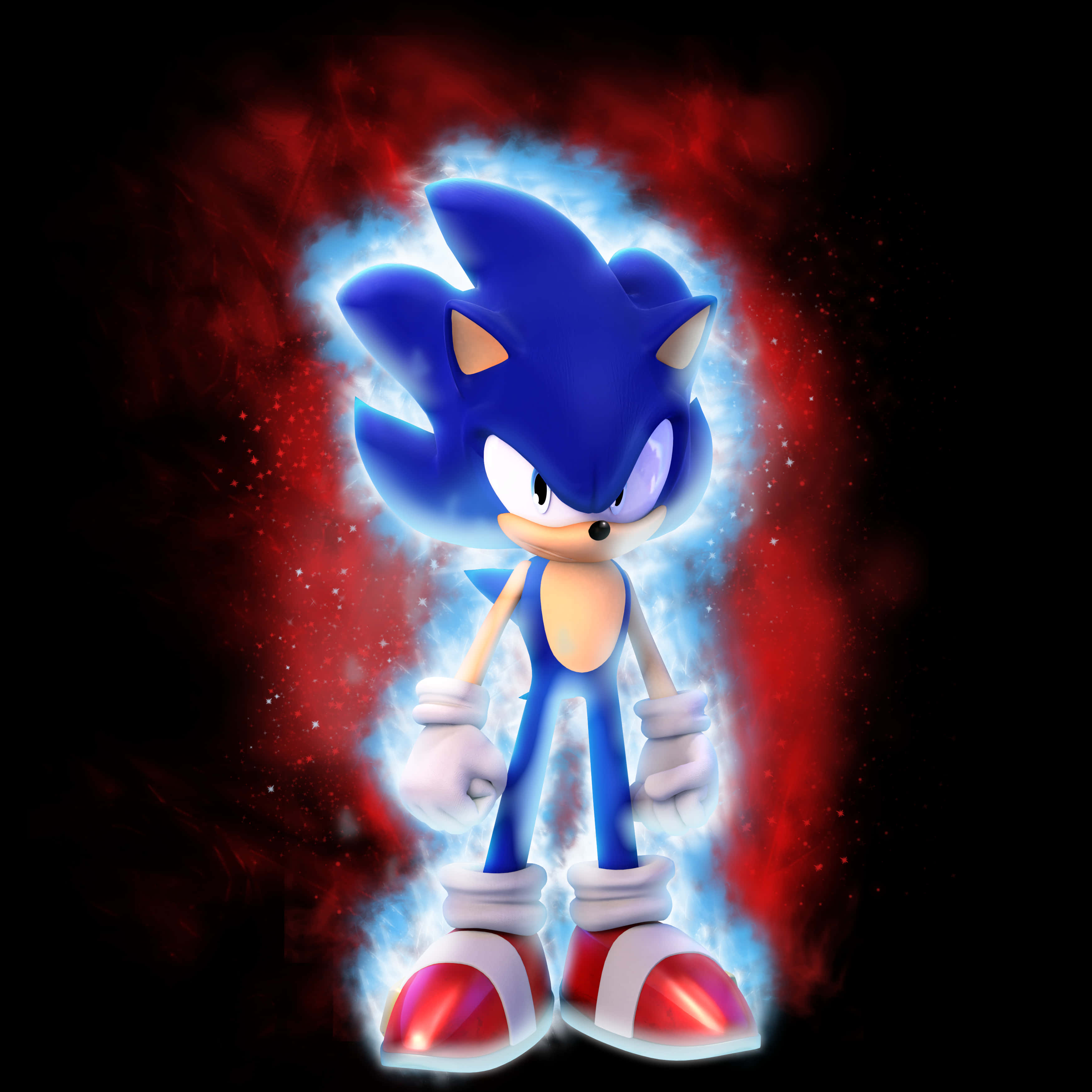 Super Sonic 桌布 壁紙 — Sonic the Hedgehog 英雄式站立，被發光的藍色能量環繞，背景是火紅的宇宙。