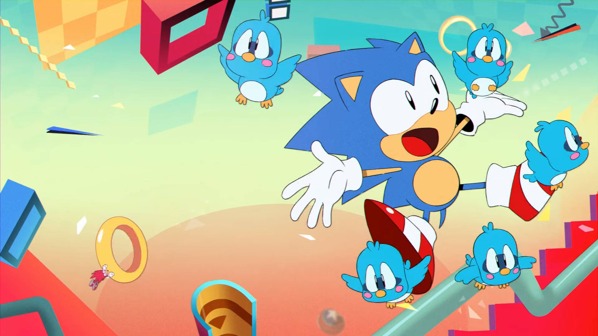 Cool Sonic 桌布 壁紙 — Sonic the Hedgehog 愉快地跳過一個色彩繽紛的3D渲染關卡，周圍有藍色小鳥和漂浮的圓環。