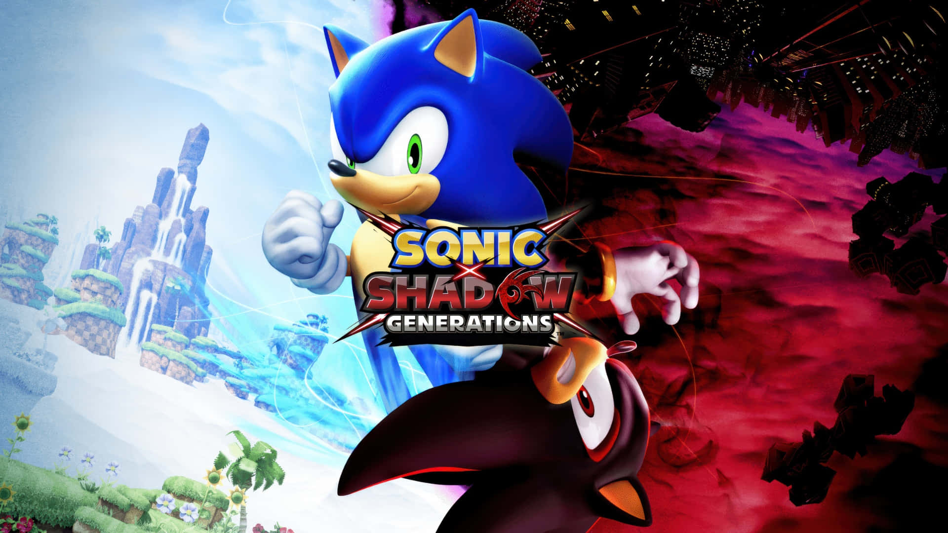  壁紙 — Sonic the Hedgehog 與 Shadow the Hedgehog 在一個充滿鮮綠色風景和暗紅色混亂的分割畫面上競速。
