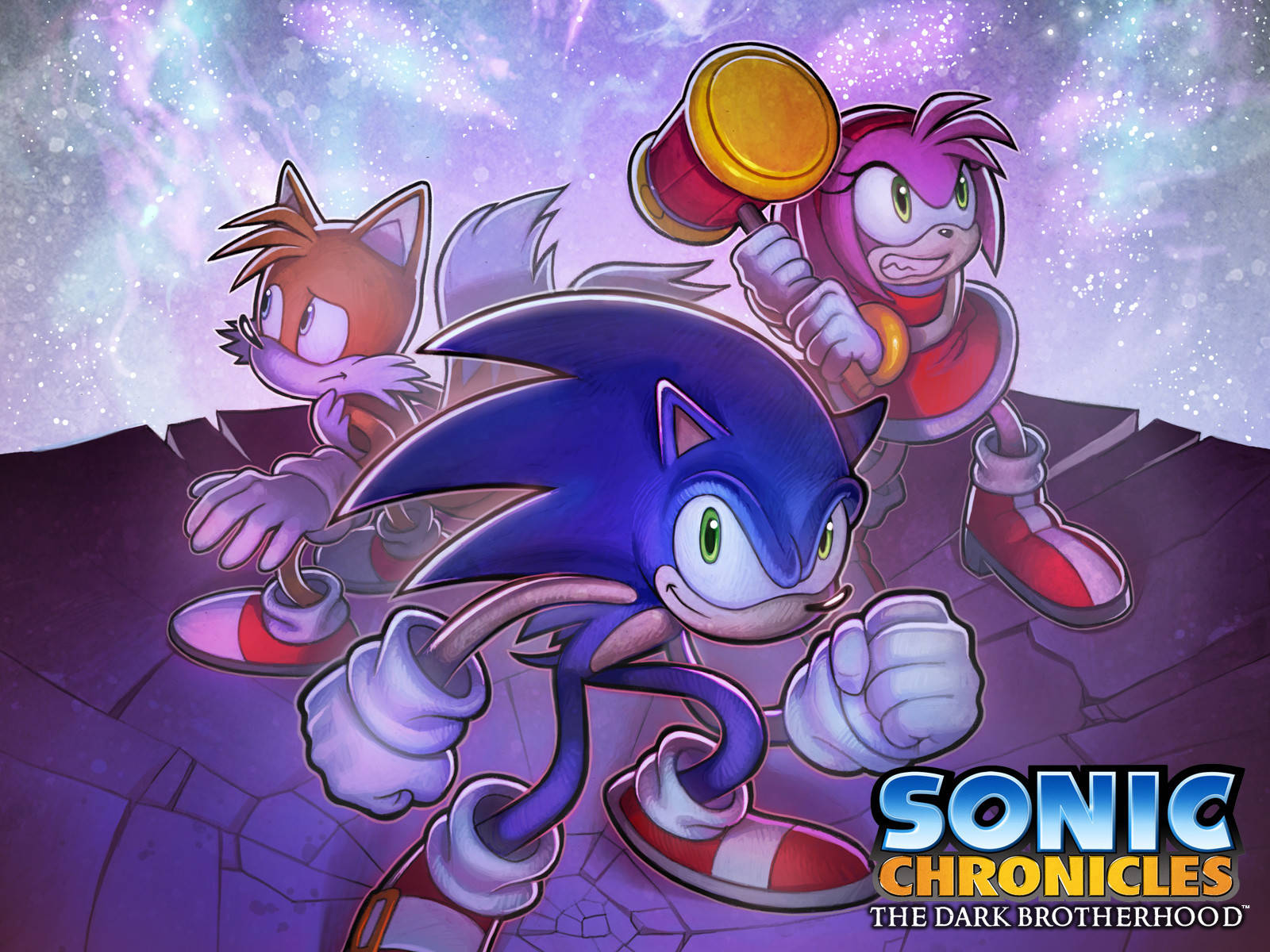 艾咪·羅斯 桌布 壁紙 — Sonic the Hedgehog 與 Tails 和 Amy Rose 在 Sonic Chronicles 的宇宙紫色背景中向前奔跑。