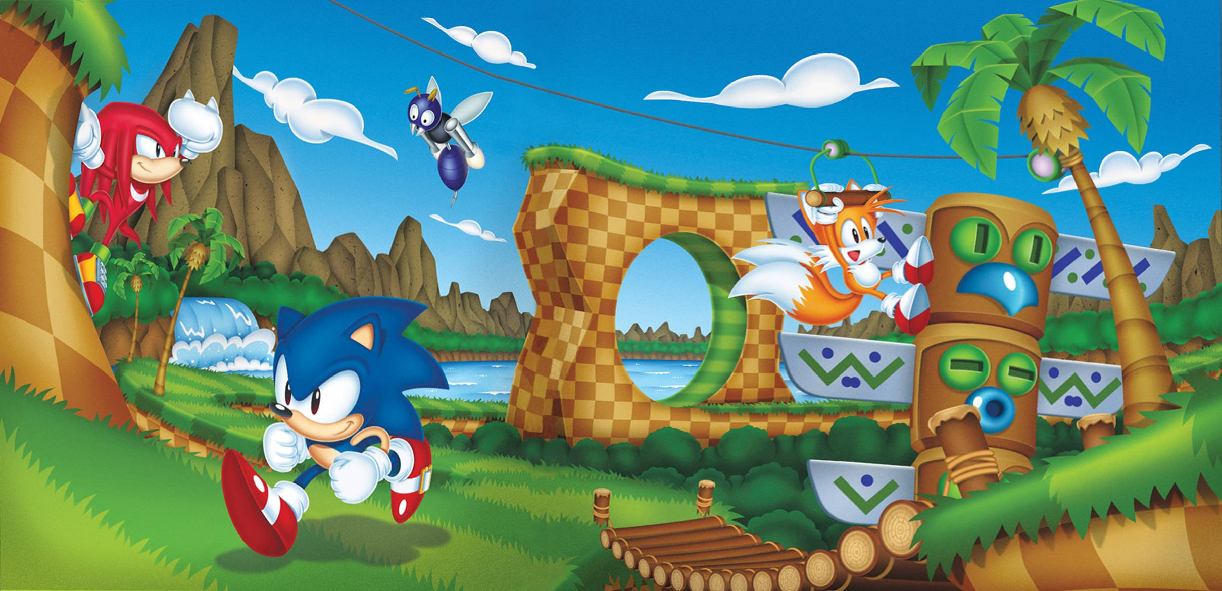 電玩遊戲 桌布 壁紙 — Sonic the Hedgehog 與 Tails 和 Knuckles 在色彩繽紛的卡通風景中穿越充滿活力的叢林。