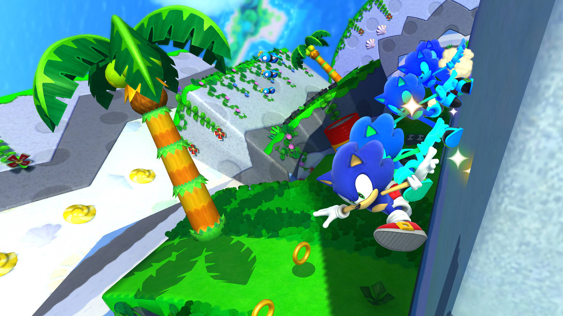 World 桌布 壁紙 — Sonic the Hedgehog 在充滿活力的叢林關卡中疾馳，有棕櫚樹、金色環圈和發光的藍色軌跡。