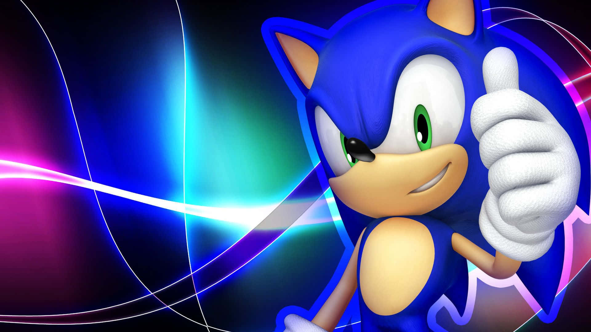 桌布 壁紙 — Sonic the Hedgehog 在充滿活力的霓虹背景前開心地豎起大拇指。