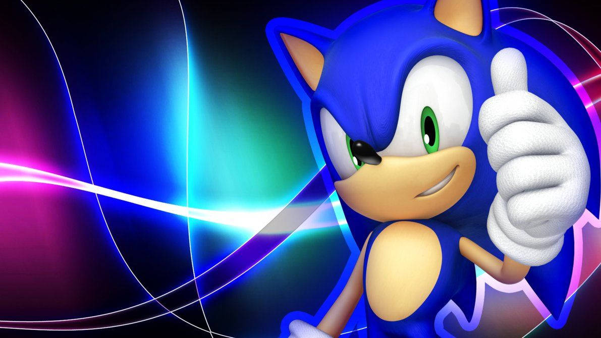 索尼克 桌布 壁紙 — Sonic the Hedgehog 在充滿活力的霓虹背景前開心地豎起大拇指。