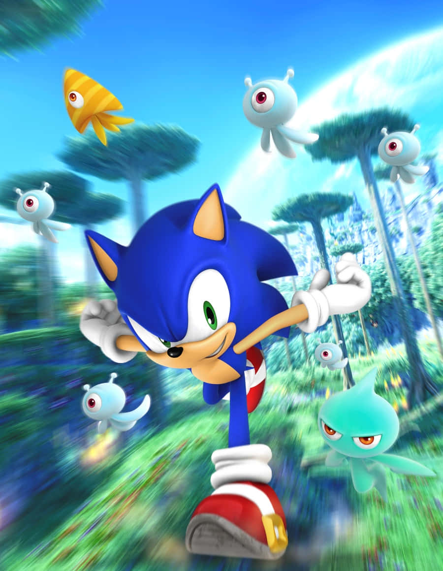 Classic Sonic 桌布 壁紙 — Sonic the Hedgehog 在充滿活力的森林中疾馳，追逐發光的外星生物，帶有動態模糊效果。