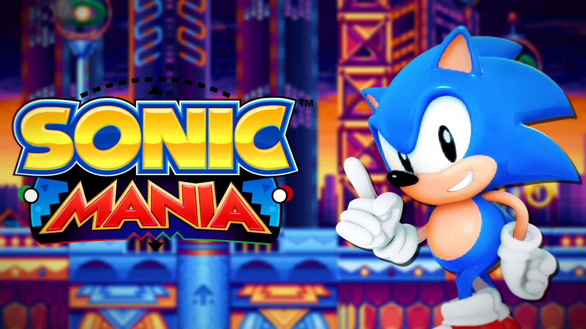 索尼克 桌布 壁紙 — Sonic the Hedgehog 在充滿活力的未來城市背景下，於 Sonic Mania 標誌前豎起大拇指。