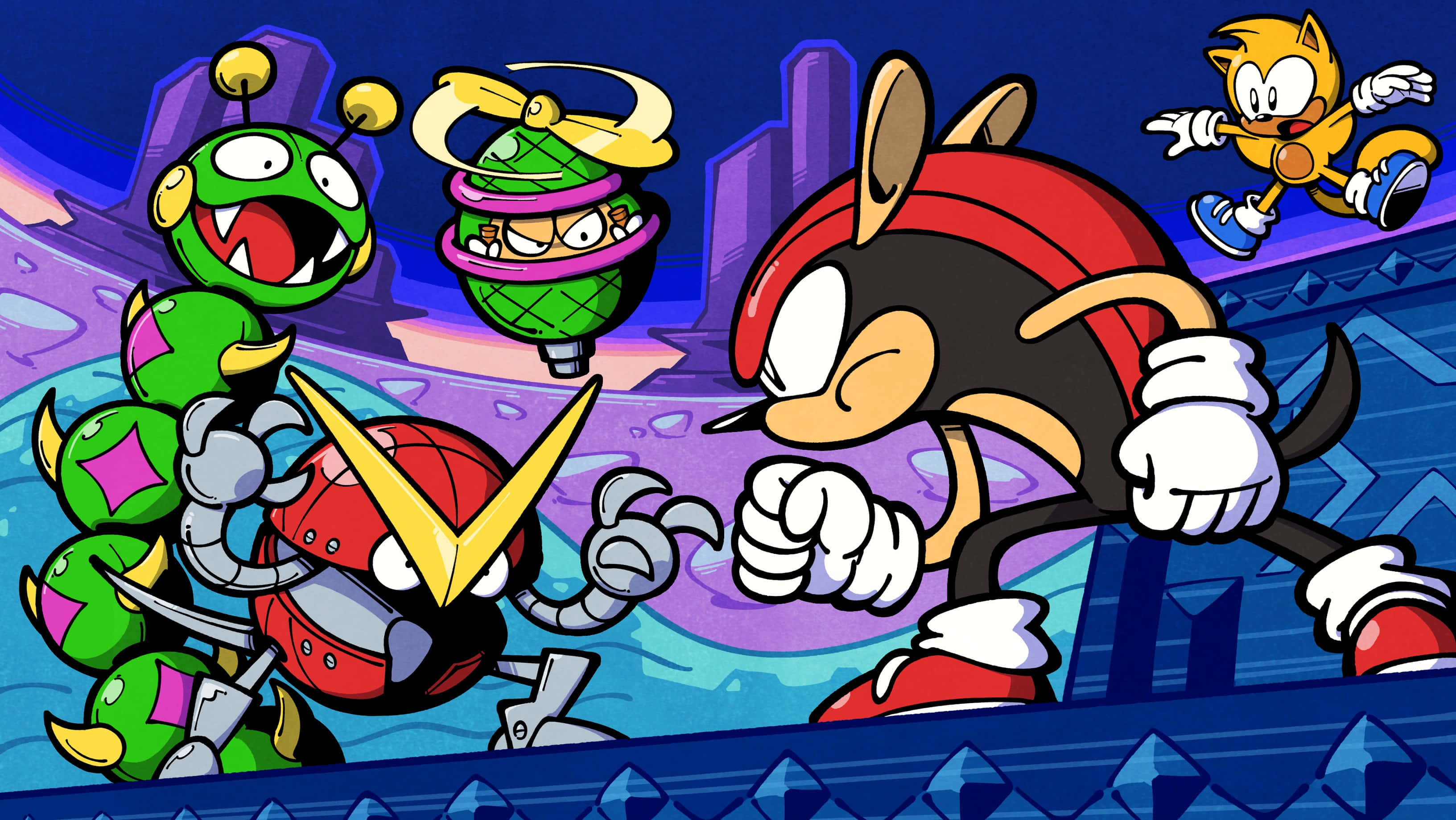Mighty The Armadillo 桌布 壁紙 — Sonic the Hedgehog 在充滿活力的未來城市景觀中與機械敵人戰鬥，周圍閃爍著霓虹燈光。