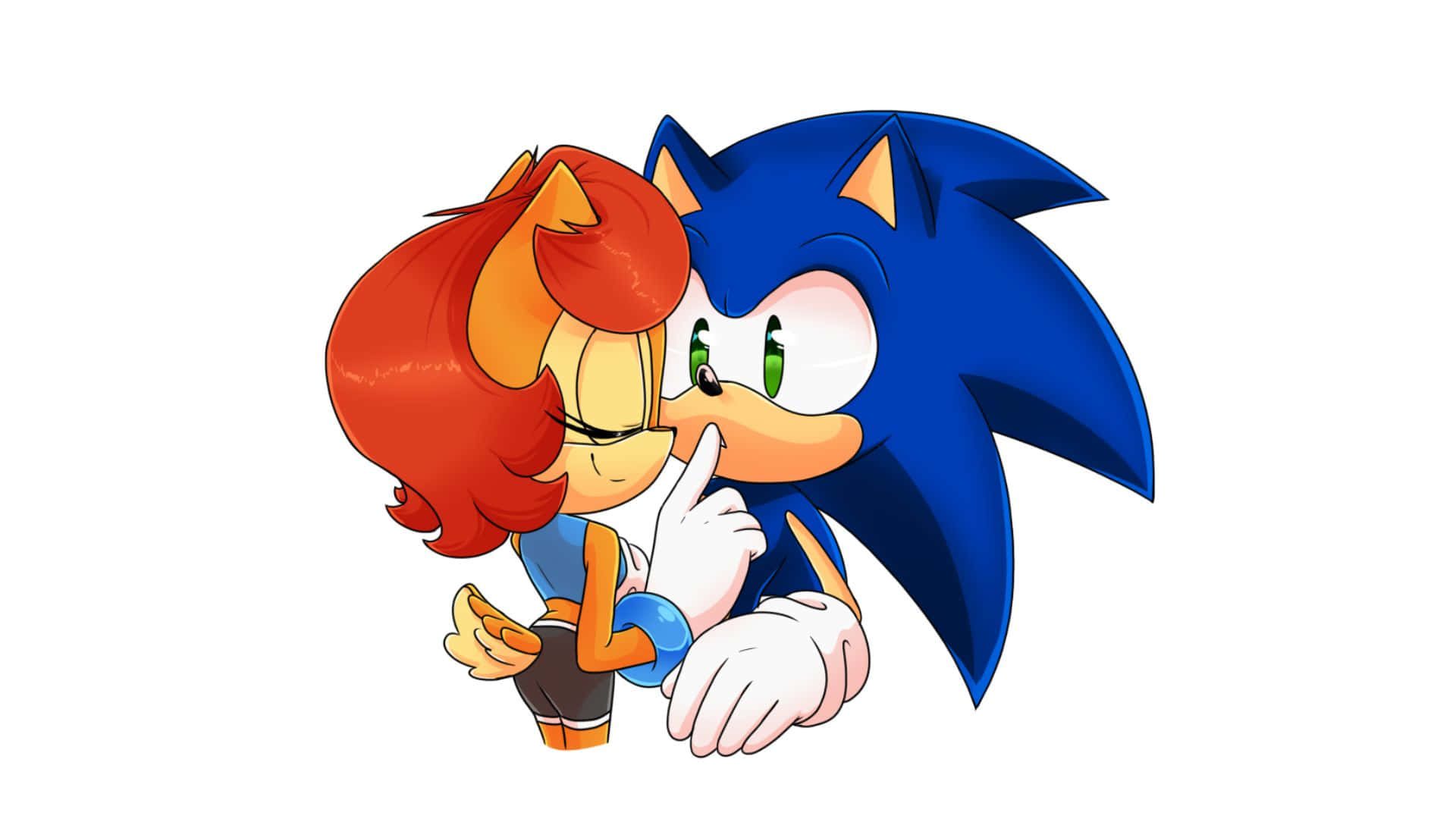 Sonic And Sally 桌布 壁紙 — Sonic the Hedgehog 在純白色背景前，輕輕地擁抱著一個紅髮角色。