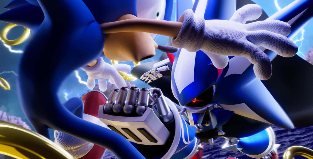 Sonic The Hedgehog Characters 桌布 壁紙 — Sonic the Hedgehog 在動態 3D 渲染的戰鬥中與機械敵人作戰，周圍環繞著發光的戒指和電能。