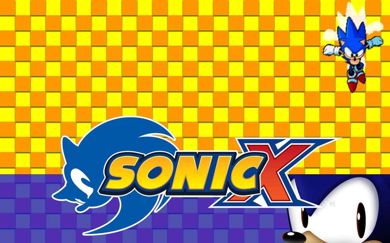 Sonic X 桌布 壁紙 — Sonic the Hedgehog 在方格紋黃橙色背景上空，Sonic X 標誌和 Tails 從下面探出頭來。