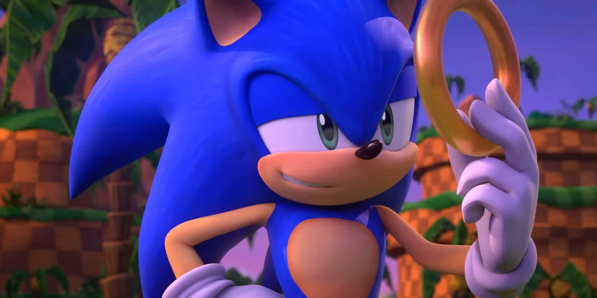  壁紙 — Sonic the Hedgehog 在茂密的叢林環境中微笑著手持金色戒指。