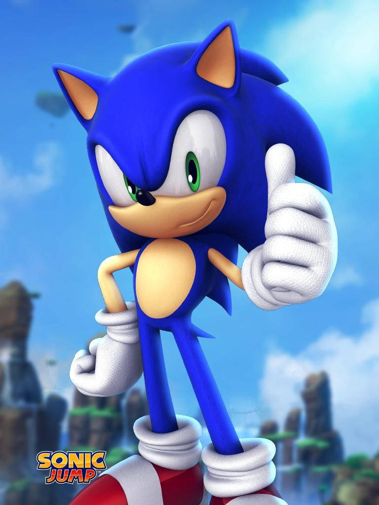 Sonic the Hedgehog 做出豎起大拇指的手勢，背後有漂浮島嶼。 — 索尼克 壁紙