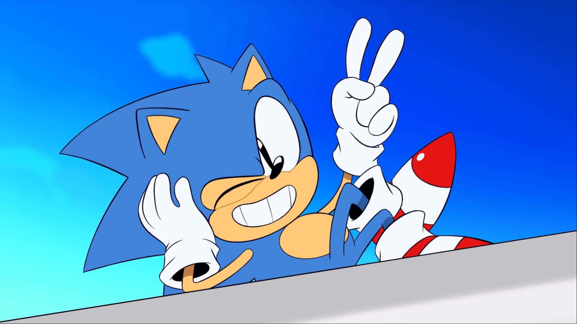 Sonic Adventure HD 桌布 壁紙 — Sonic the Hedgehog 在明亮的藍天下微笑並做出和平手勢。