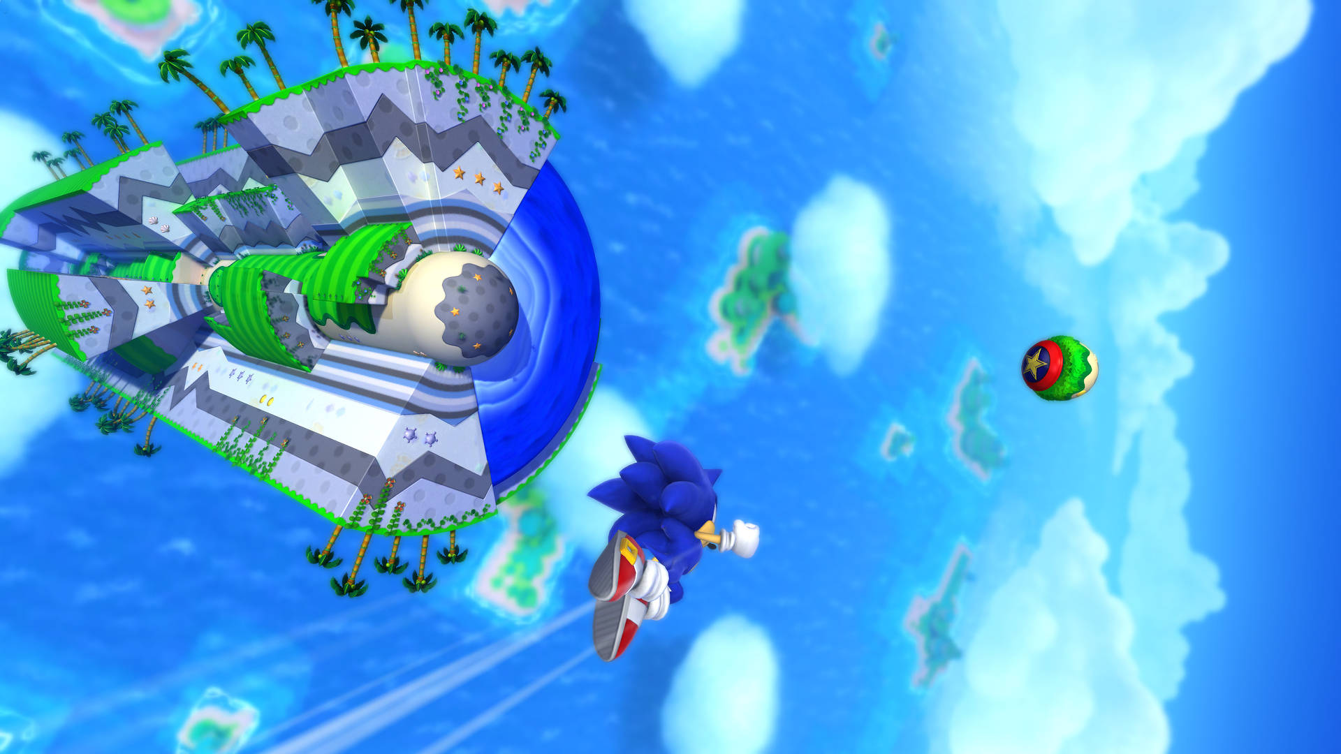 World 桌布 壁紙 — Sonic the Hedgehog 在明亮的藍天中飛向一個有棕櫚樹和火山的浮空島。