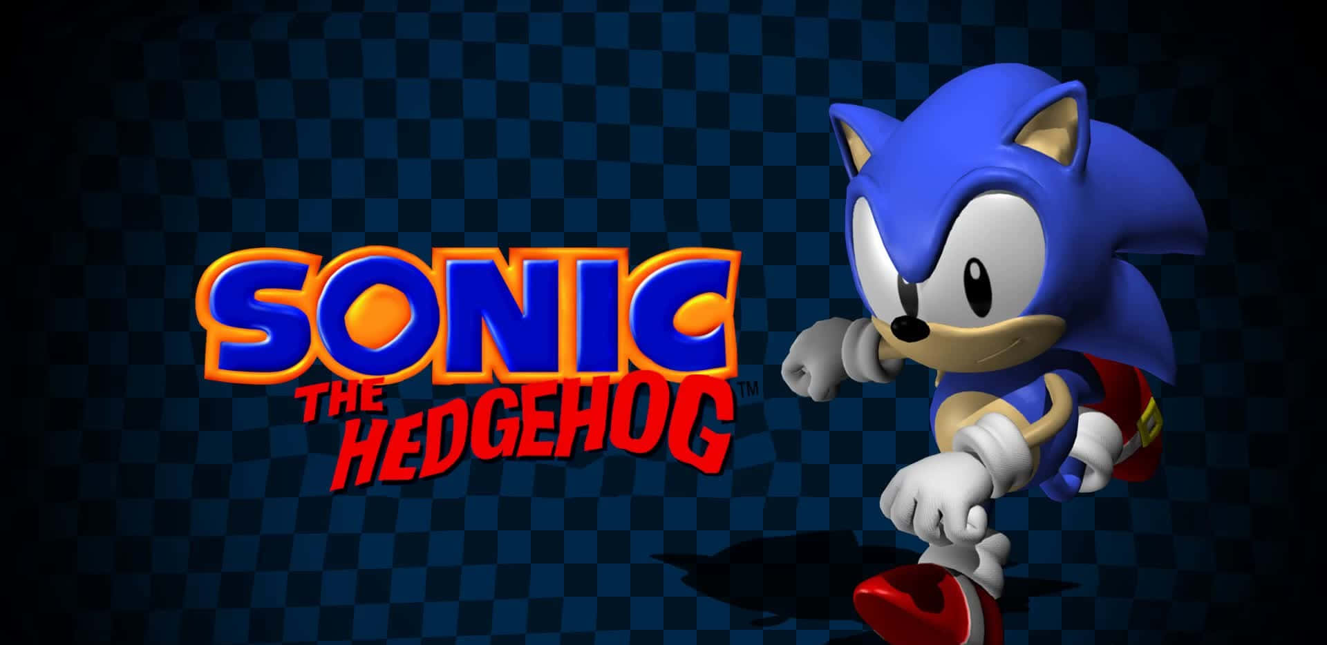 桌布 壁紙 — Sonic the Hedgehog 在深藍色格子背景上動態奔跑，他標誌性的標誌在他旁邊發光。