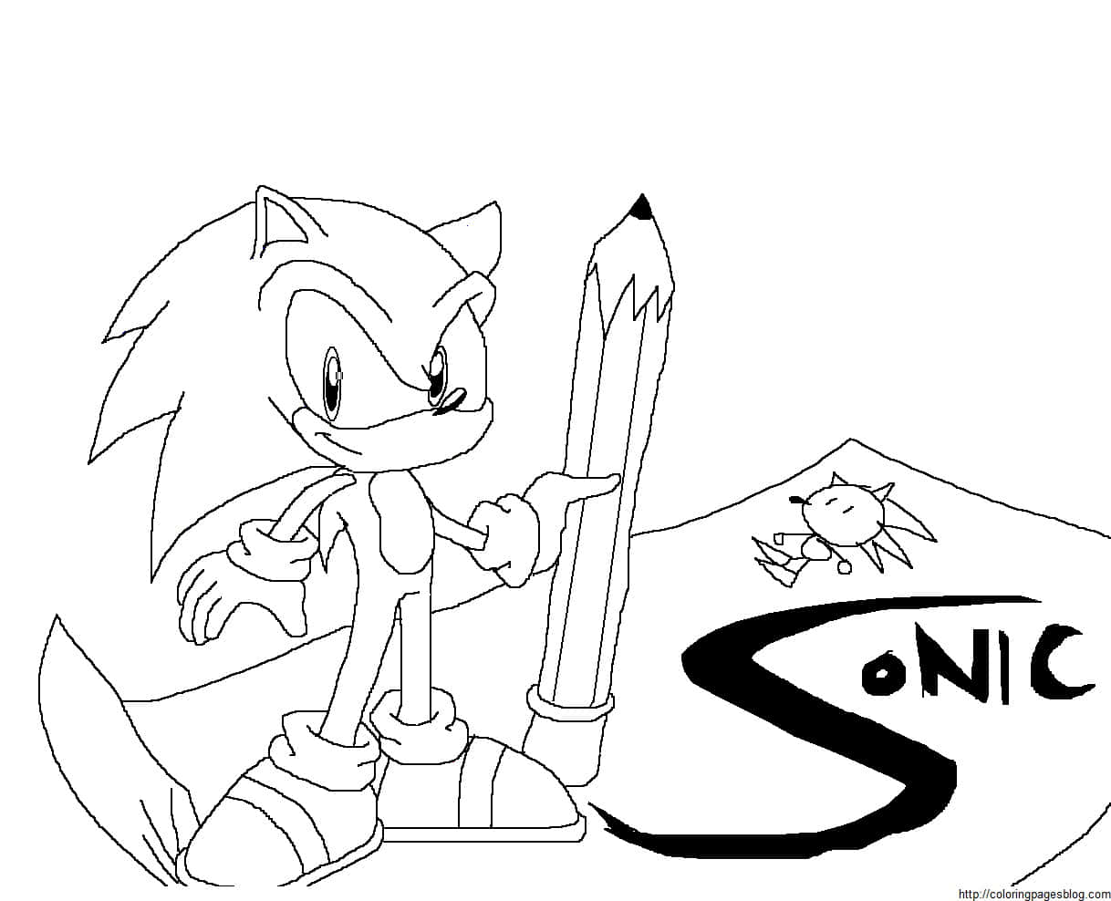 黑白 桌布 壁紙 — Sonic the Hedgehog 在他的名字旁邊拿著一支巨型鉛筆，Tails 從山丘後面偷看，是一張黑白線條著色頁。