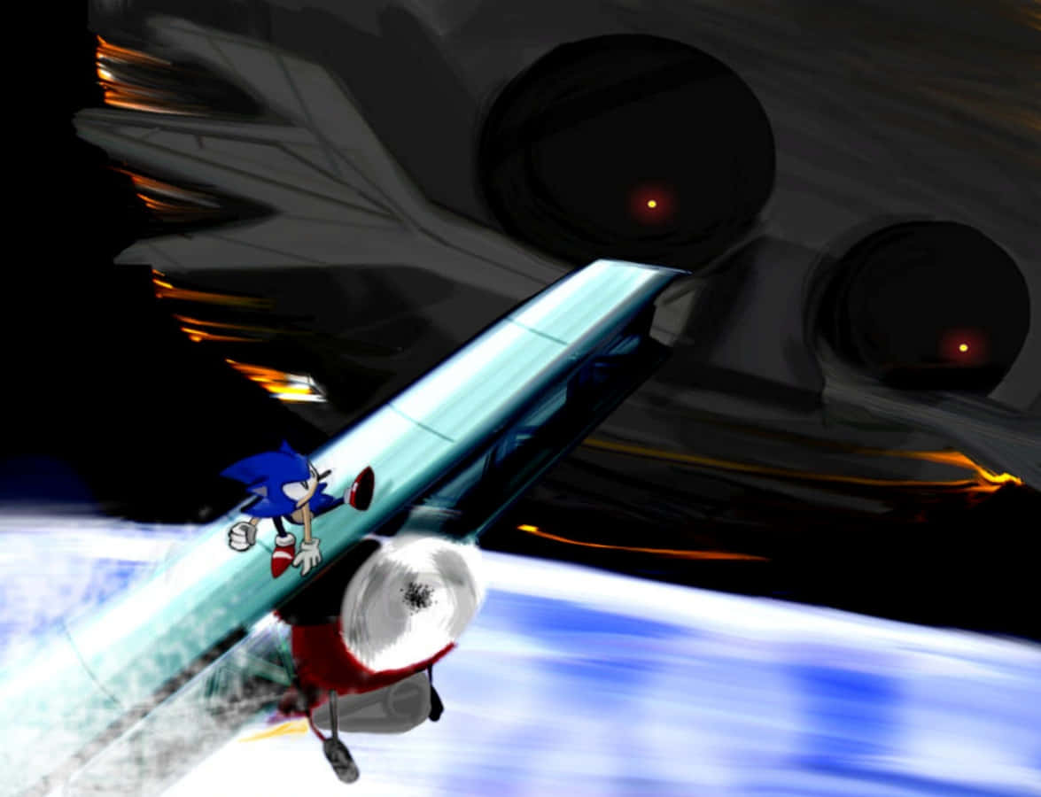 Death Egg 桌布 壁紙 — Sonic the Hedgehog 以超音速飛馳，掠過一艘帶有發光紅眼的未來太空船，背景是黑暗的宇宙。