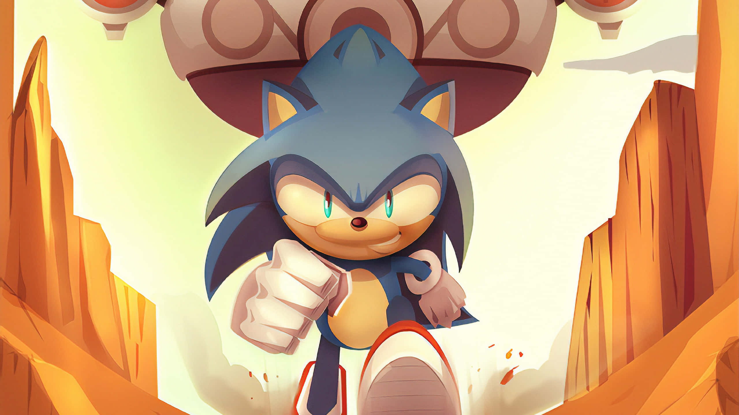 Sonic Art 桌布 壁紙 — Sonic the Hedgehog 在溫暖的天空下，穿過有橙色岩石形成的峽谷。