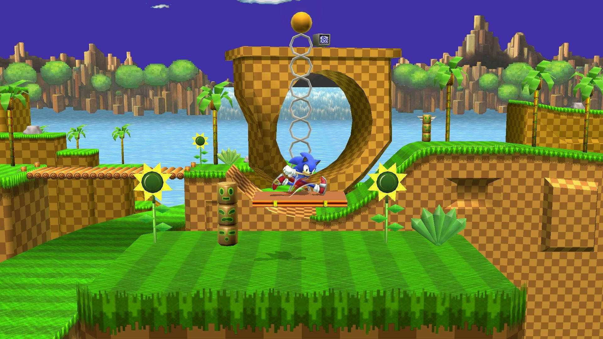 電玩遊戲 桌布 壁紙 — Sonic the Hedgehog 在一個充滿活力的3D渲染關卡中飛馳，關卡有格子平台、向日葵和遠處的城市景觀，天空是紫色的。