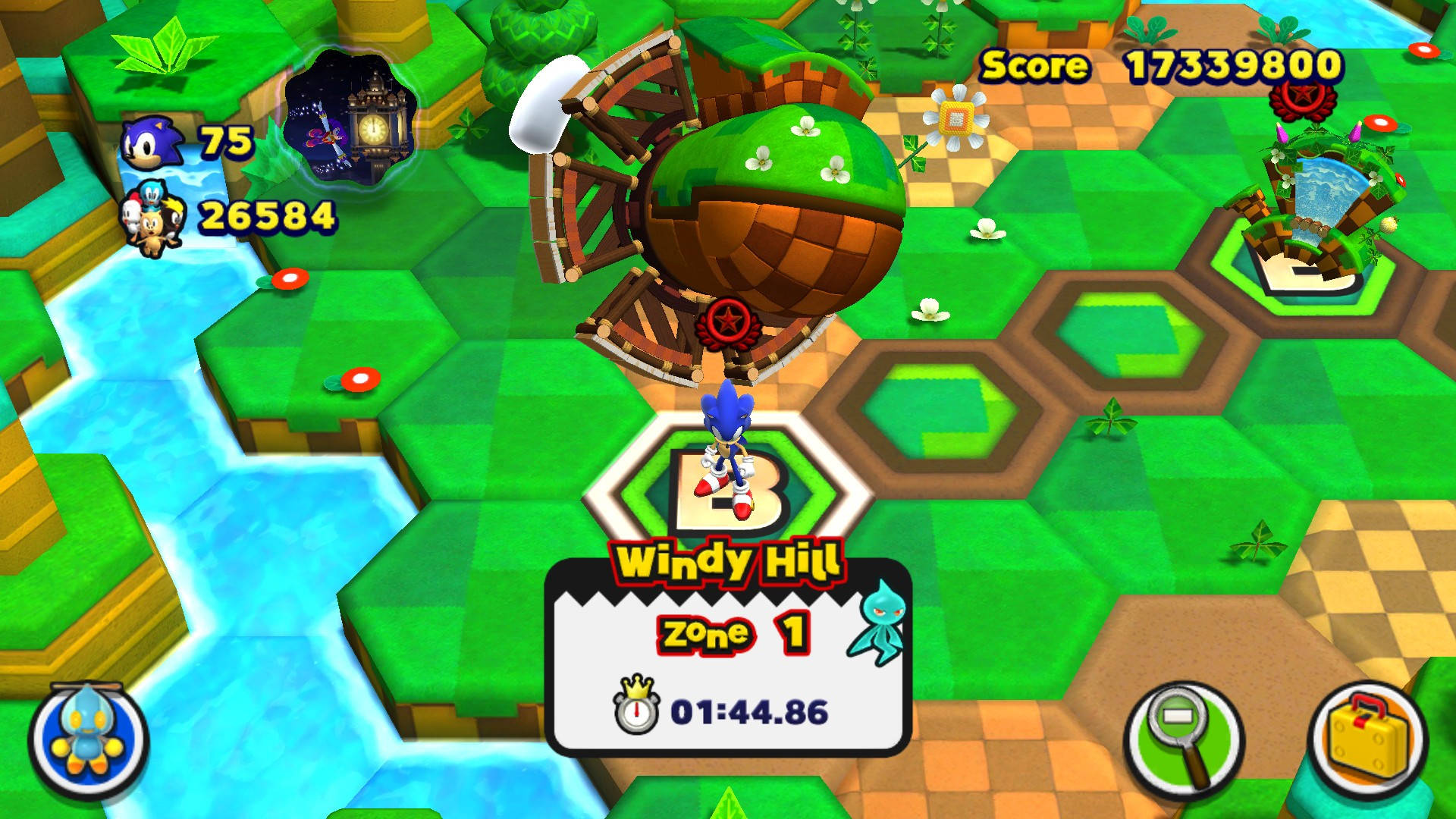 World 桌布 壁紙 — Sonic the Hedgehog 在一個充滿活力的六邊形景觀中飛馳，有綠色山丘、藍色水域和一個巨大的風車，場景以3D渲染。