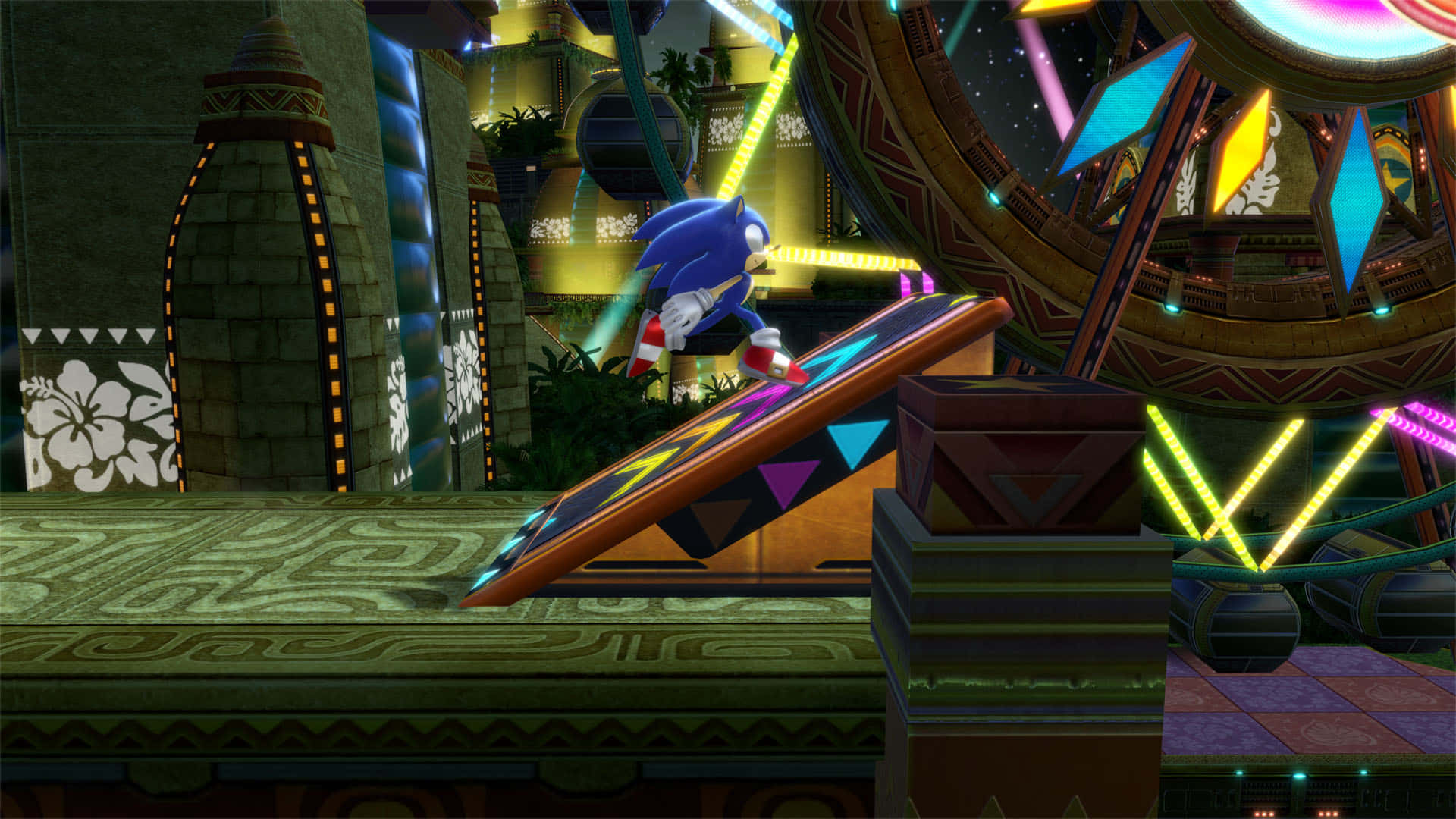 Sonic Planet Wisp 桌布 壁紙 — Sonic the Hedgehog 在一個充滿霓虹燈、未來感的寺廟平台上飛馳，周圍有發光的幾何障礙物和熱帶裝飾。