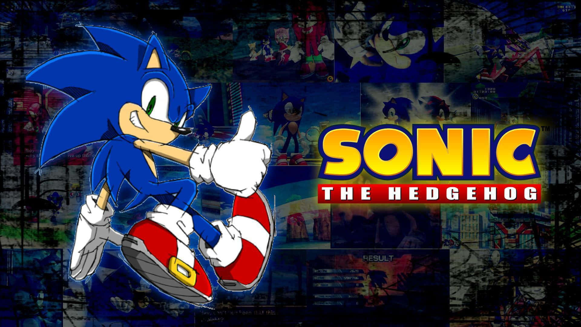 Modern Sonic 桌布 壁紙 — Sonic the Hedgehog 在遊戲場景拼貼畫前面豎起大拇指，並帶有粗體標題文字。