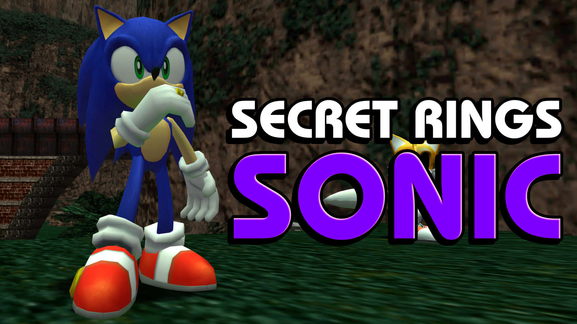 Sonic And The Secret Rings 桌布 壁紙 — Sonic the Hedgehog 站在草地上，手持一個帶有粗體文字 Secret Rings Sonic 的戒指。