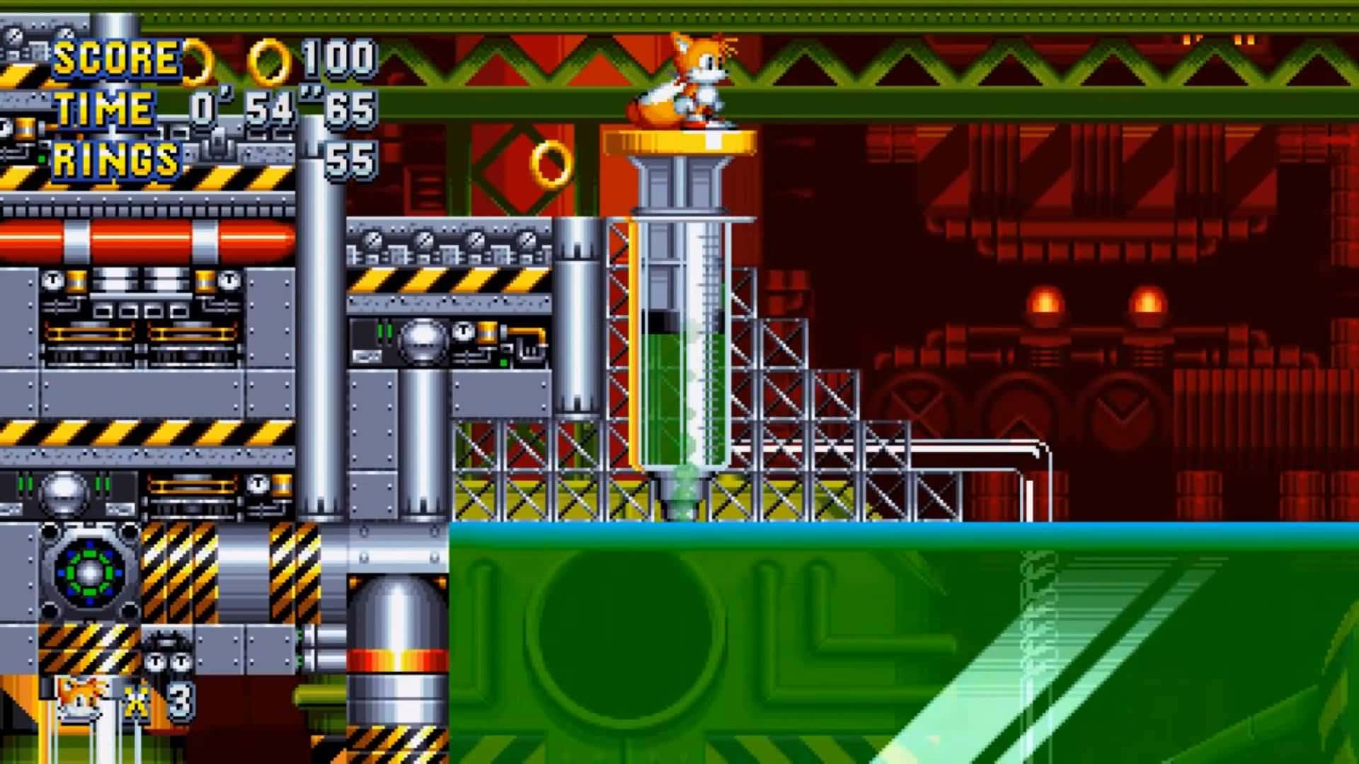 Sonic Chemical Plant 桌布 壁紙 — Sonic the Hedgehog 站在一個充滿管道和發光綠色地板的工業遊戲關卡中的金屬平台上。