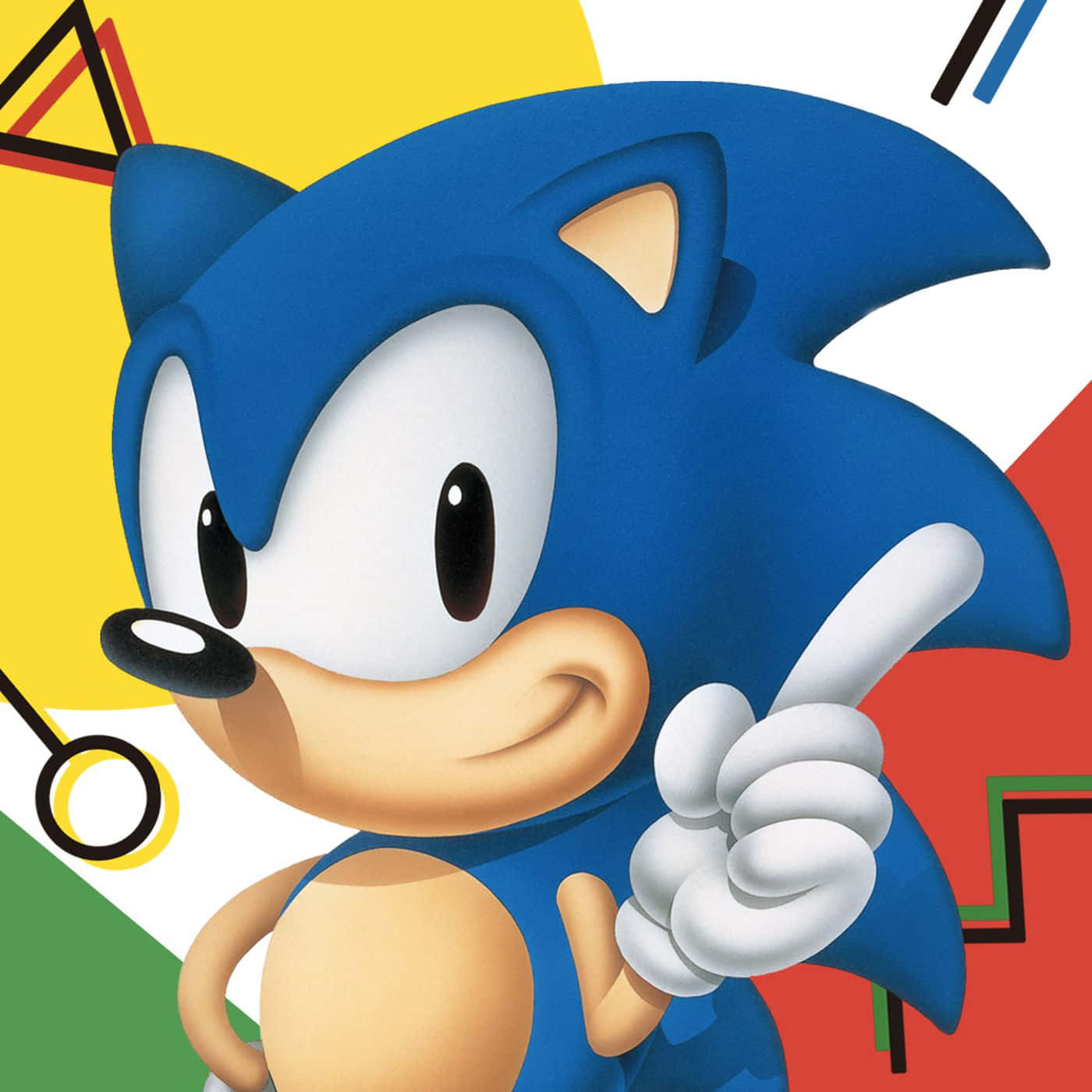 Sonic The Hedgehog 桌布 壁紙 — Sonic the Hedgehog 自信地指向黃色、紅色和綠色的鮮豔幾何背景。