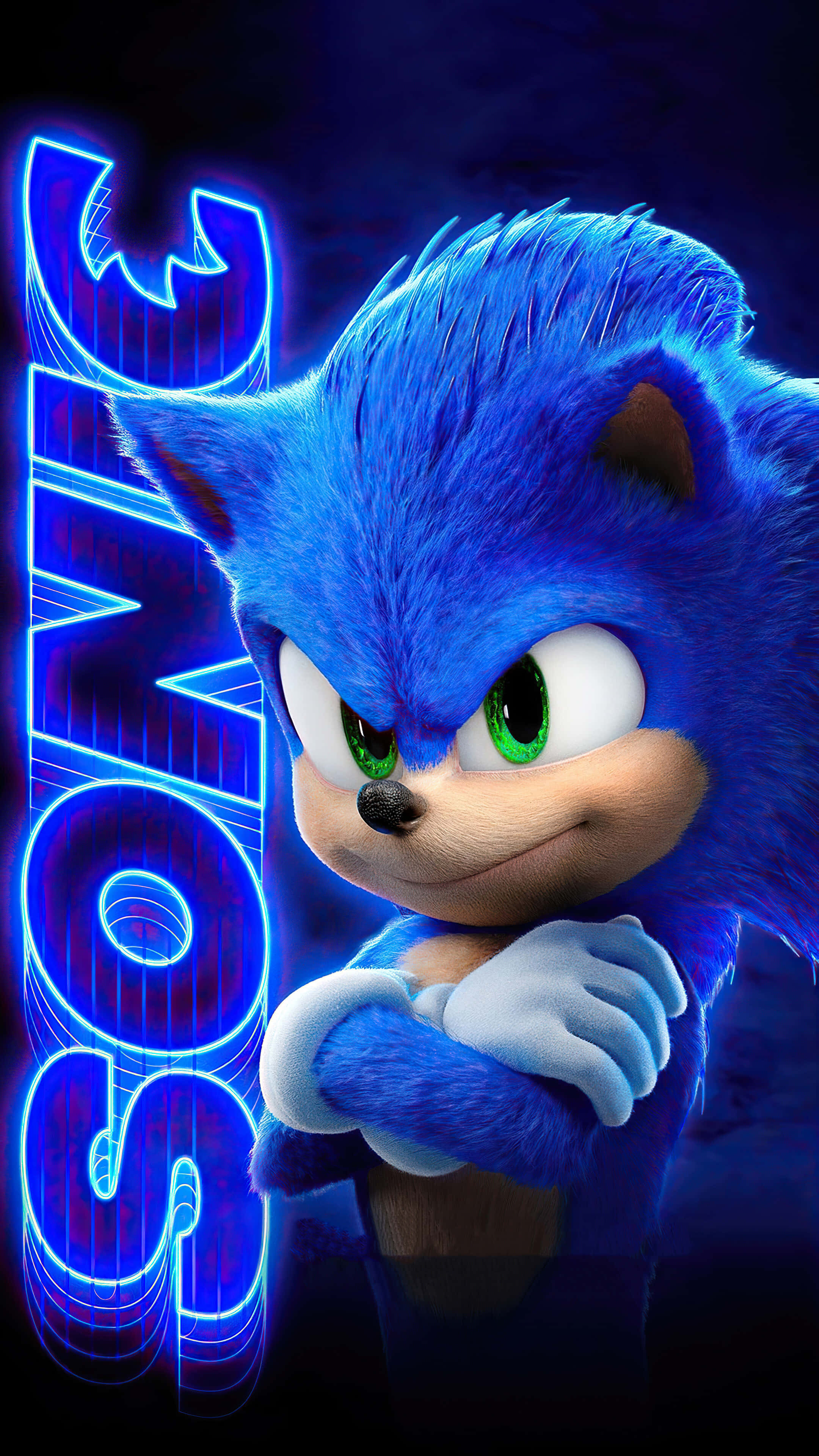 Sonic The Hedgehog Characters 桌布 壁紙 — Sonic the Hedgehog 自信地交叉雙臂，站在由發光藍色霓虹燈文字照亮的黑暗背景前。
