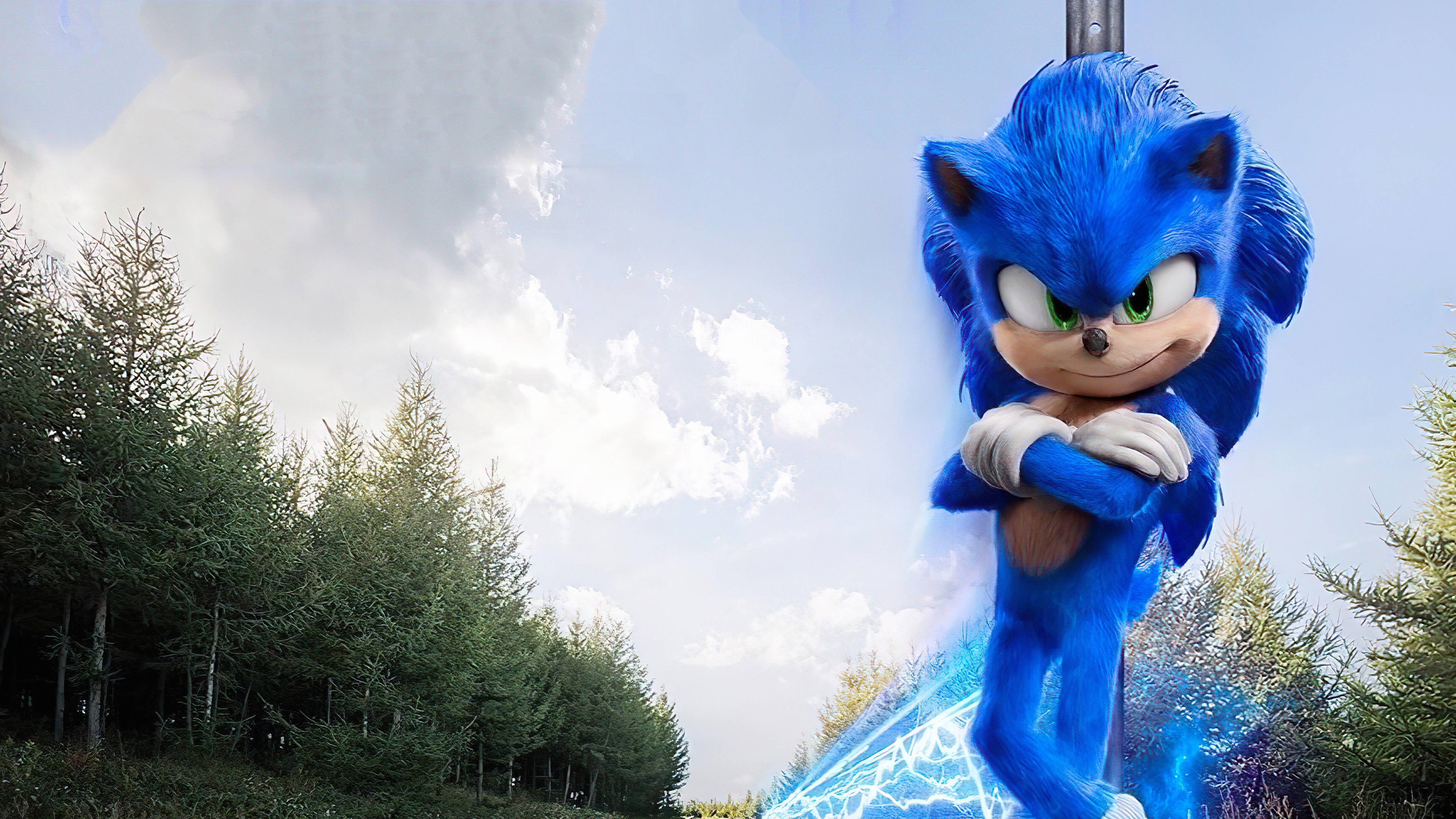 森林 桌布 壁紙 — Sonic the Hedgehog 自信地站在森林空地上，腳下有藍色能量痕跡，背景是明亮的天空。