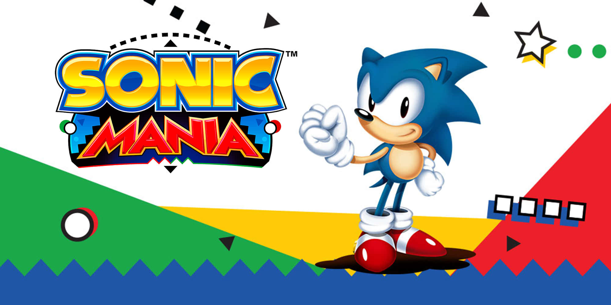 Classic Sonic 桌布 壁紙 — Sonic the Hedgehog 自信地站在一張充滿活力的 90 年代復古遊戲海報上，帶有鮮明的幾何形狀和 Sonic Mania 標誌。