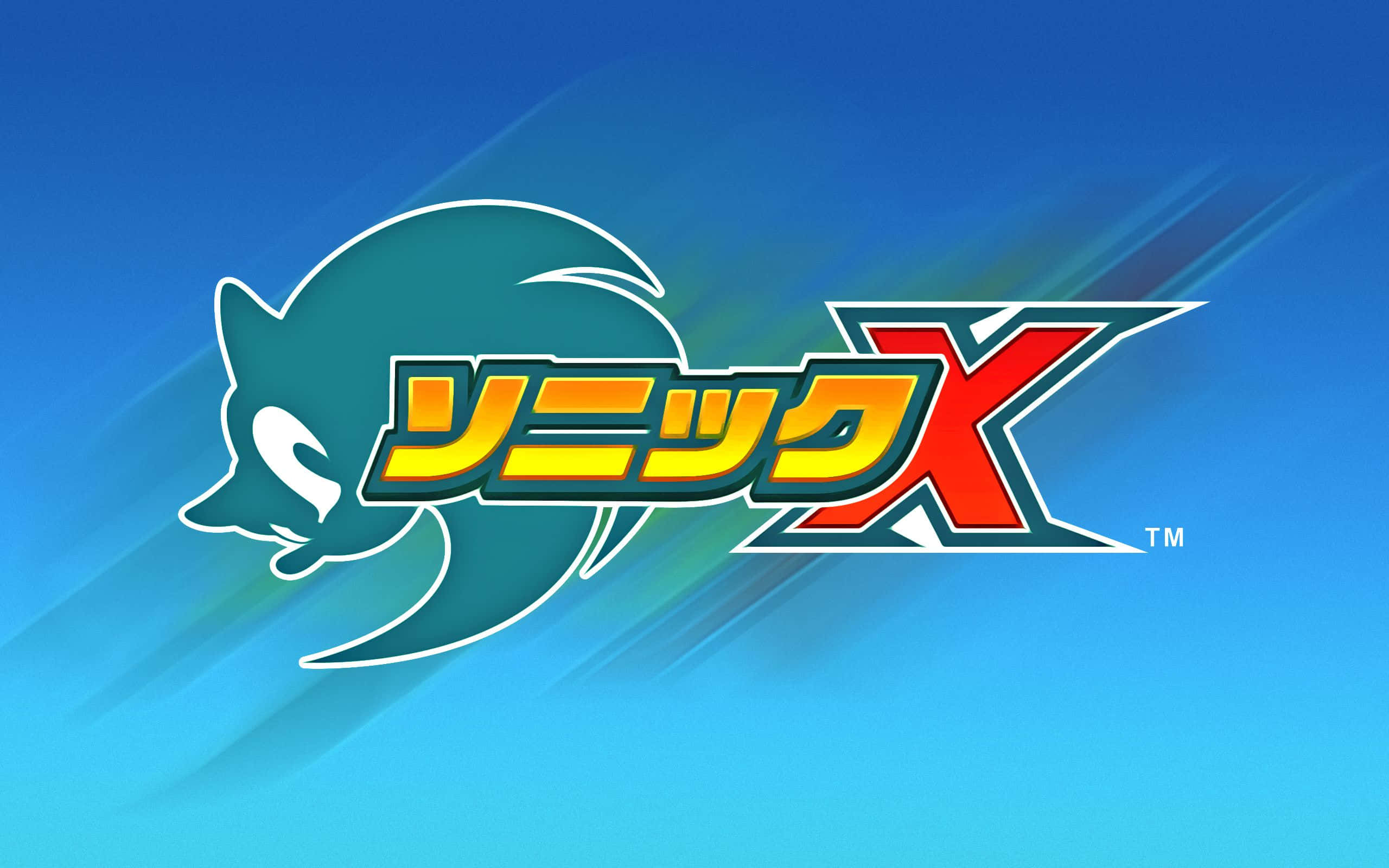 Sonic X 桌布 壁紙 — Sonic X 標誌，帶有青綠色刺蝟剪影和粗體紅黃文字，背景為漸變藍色。