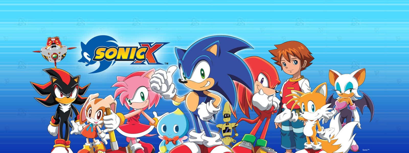 Sonic X 桌布 壁紙 — Sonic X 角色在充滿活力的藍色漸變背景和節目標誌前英勇地擺姿勢。