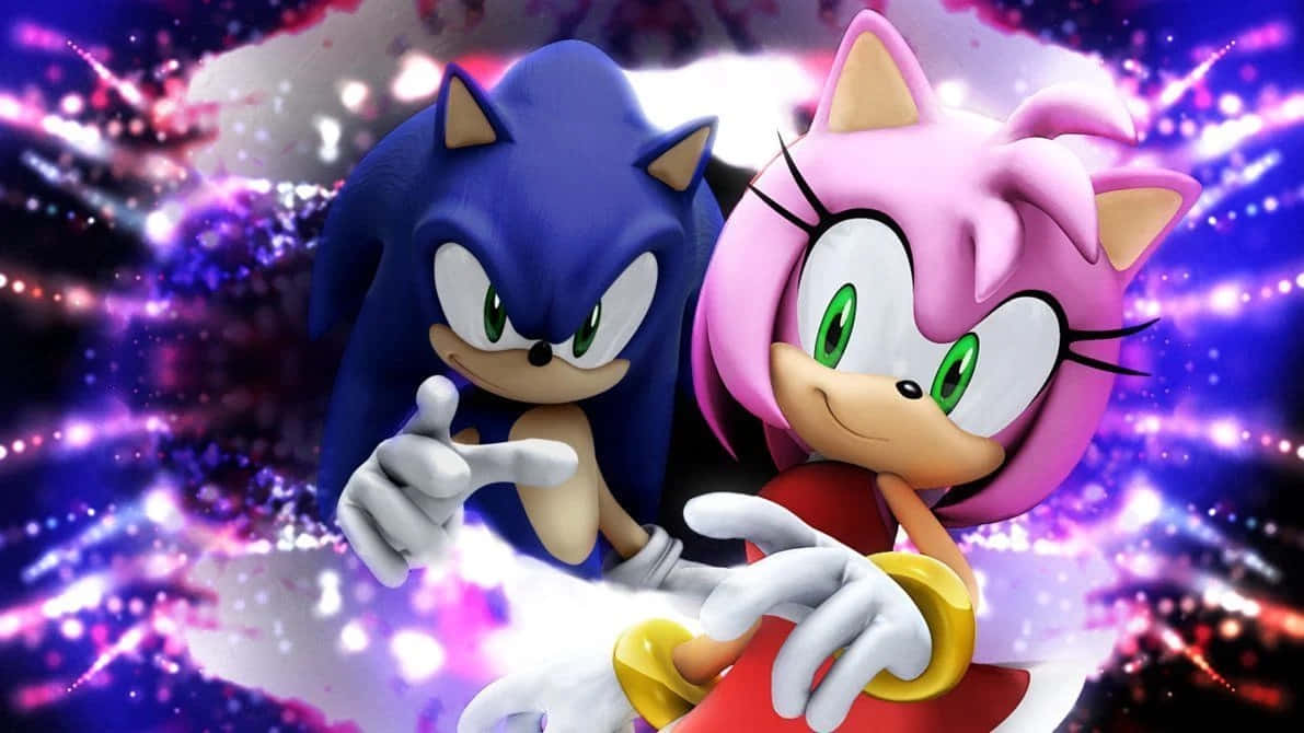 Sonic And Amy 桌布 壁紙 — Sonic 和 Amy Rose 在閃爍的宇宙背景前動態擺姿勢，伴隨著充滿活力的紫色和粉紅色能量爆發。