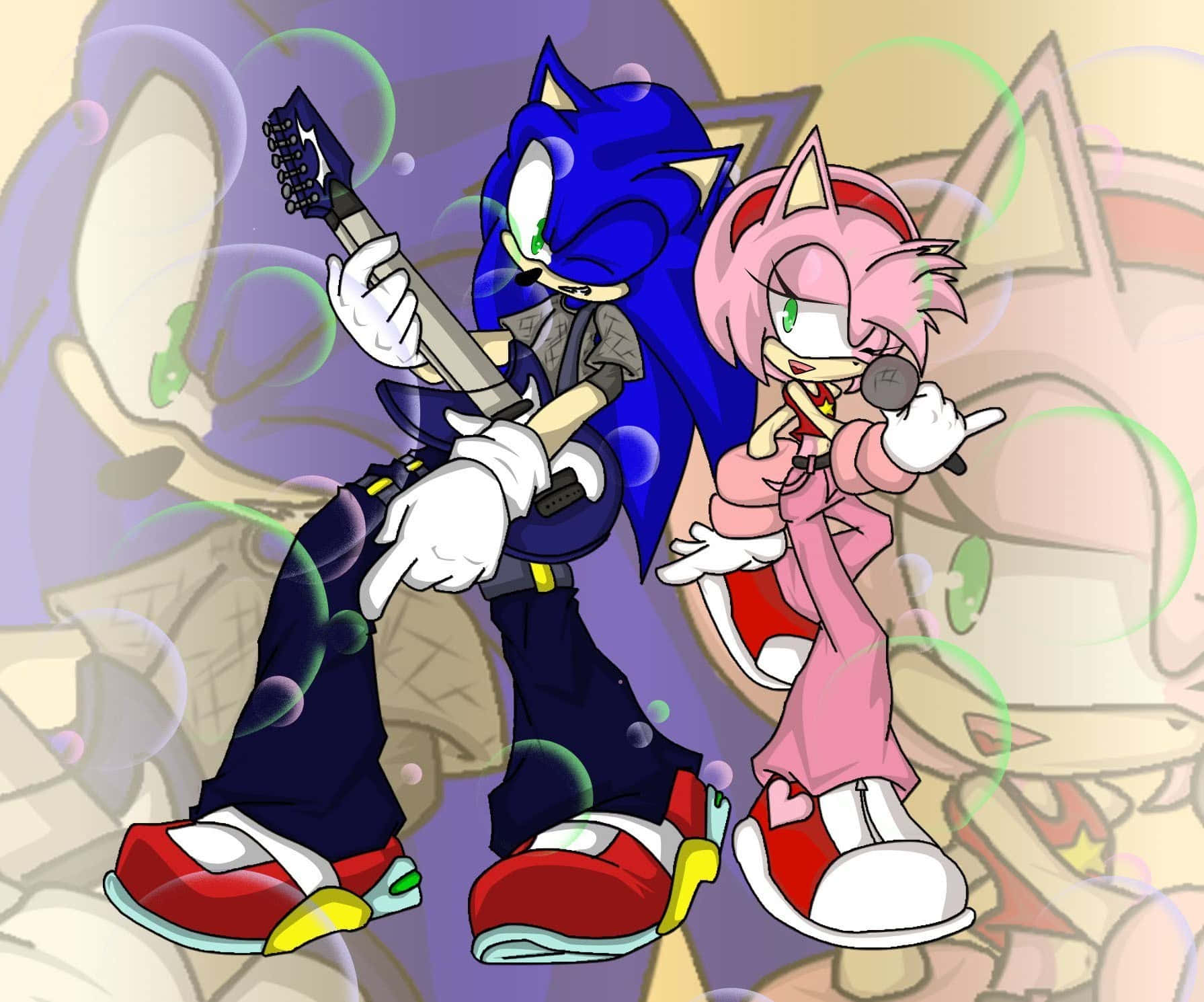 Sonic And Amy 桌布 壁紙 — Sonic 和 Amy Rose 用吉他和麥克風演奏搖滾音樂，周圍漂浮著氣泡，風格鮮明卡通。
