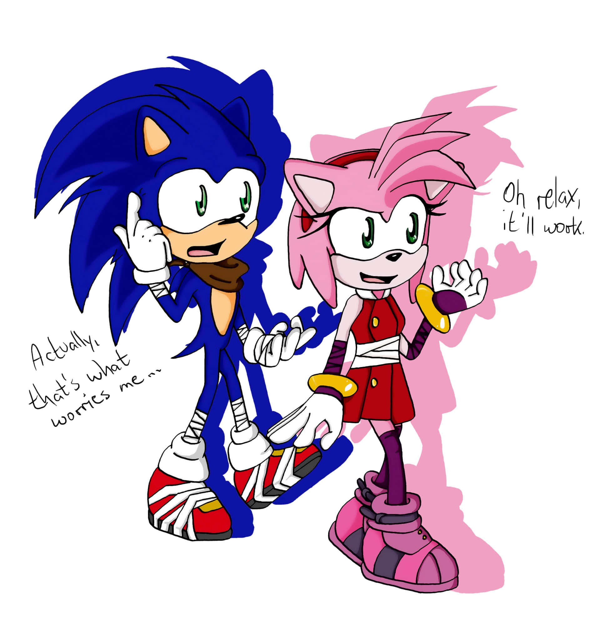 Sonic And Amy 桌布 壁紙 — Sonic 和 Amy Rose 並肩站立，帶著俏皮的表情和對話氣泡，展現他們對比下的擔憂與安慰。