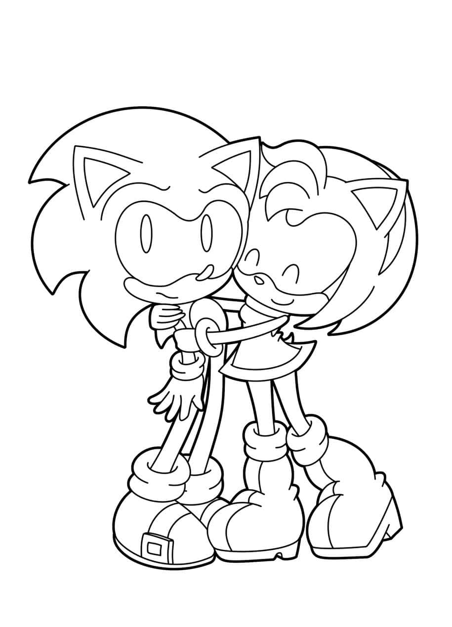 Sonic The Hedgehog 桌布 壁紙 — Sonic 和 Amy 以簡單的黑白線條藝術風格擁抱，線條乾淨俐落。