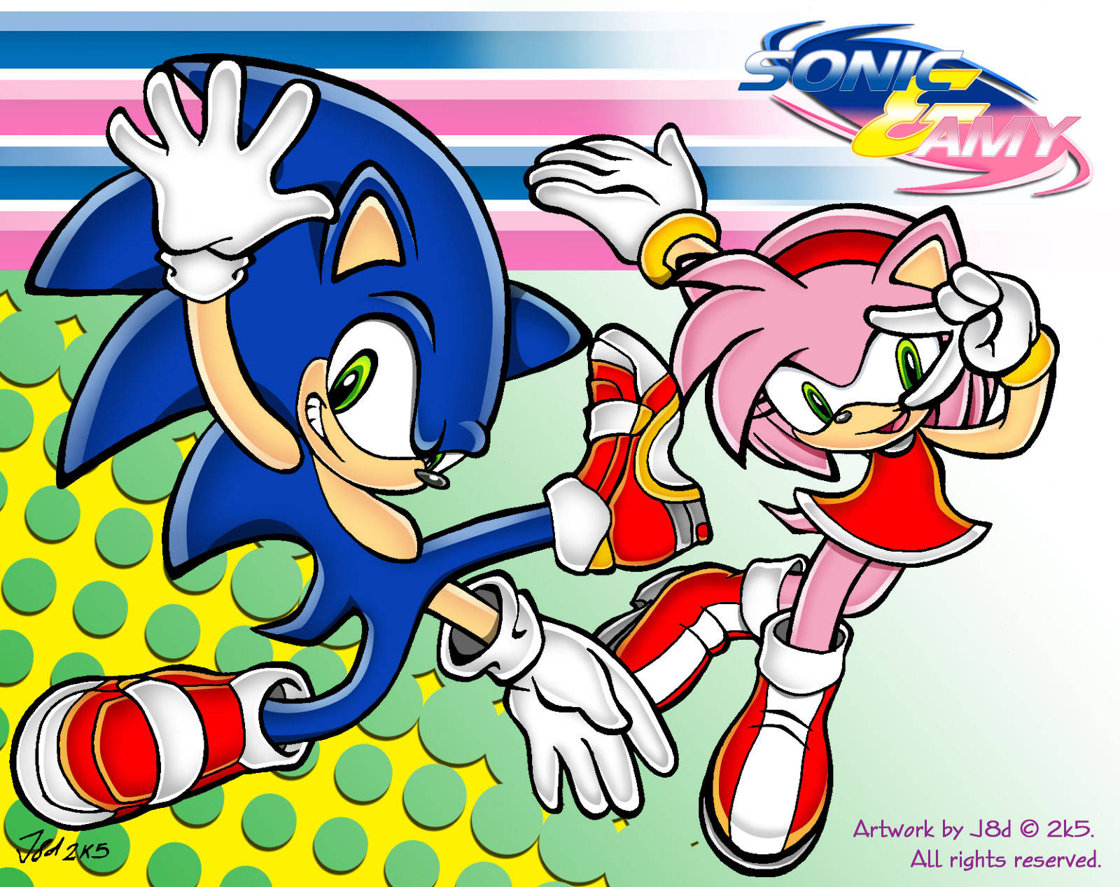 艾咪·羅斯 桌布 壁紙 — Sonic 和 Amy 在色彩繽紛的條紋和圓點背景上動態奔跑，帶有 Sonic Amy 標誌。